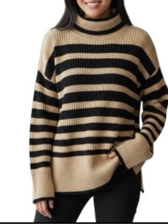 CAbi Sweaters - CAbi Polo Turtleneck Sweater Camel/Black Striped Chunky Ribbed Knit Size Small